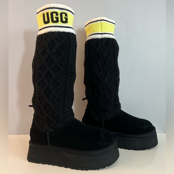 UGG Cable Sweater Letter Platform Shearling Lined Suede Boot Womens 8.5 9 40 - Picture 13 of 17